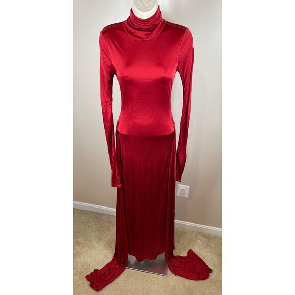 Helsa Slinky Jersey Sarong Long Sleeve Draped Maxi Dress in Samba Red Size XS - Picture 8 of 13